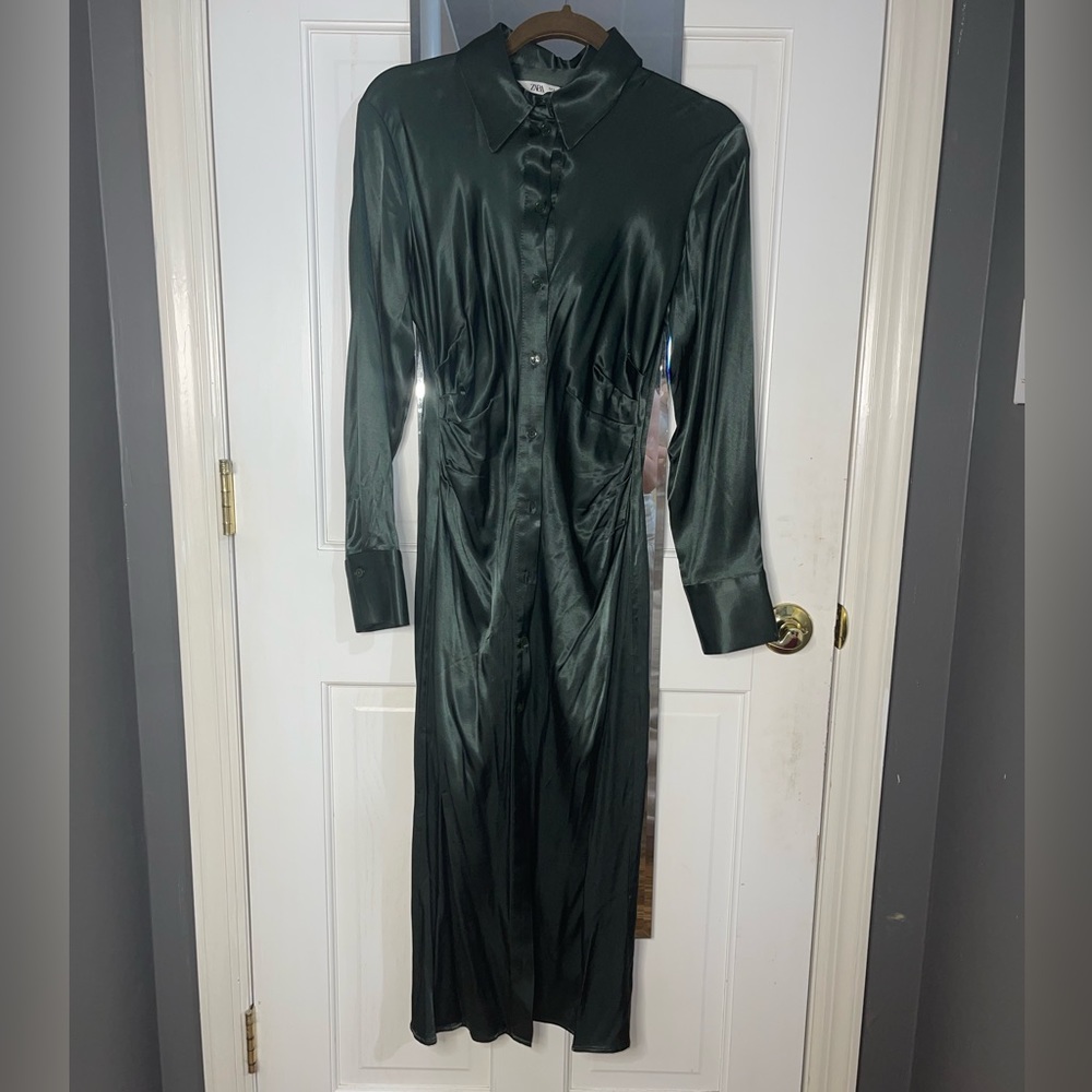 Zara midi dress, size small, silk, royal green, long sleeve